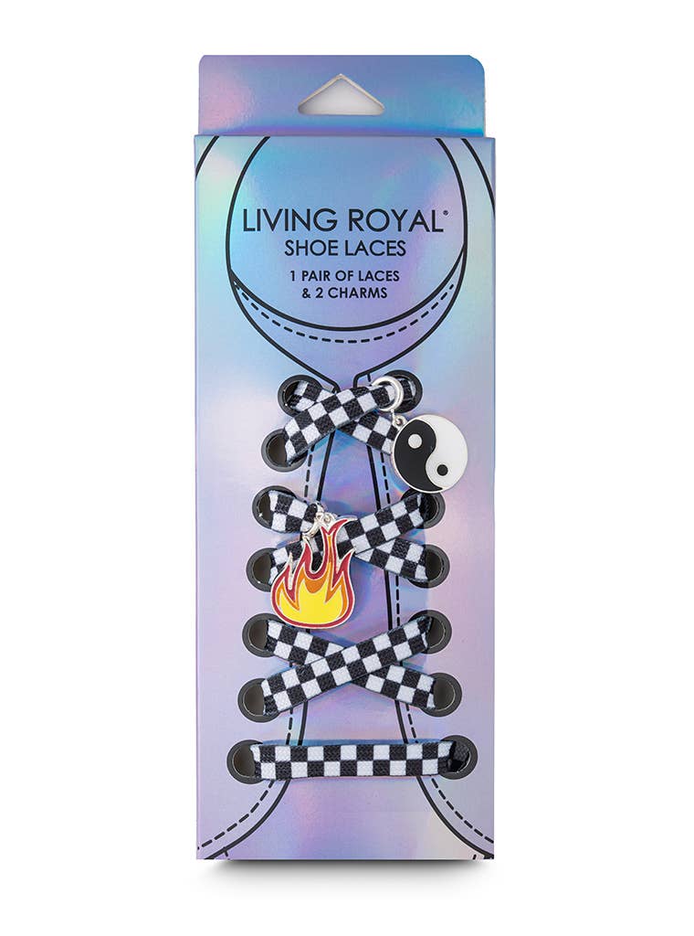 Living Royal - Shoelaces w/ Charms Set - Checkered w/Yin Yang & Fire Charms