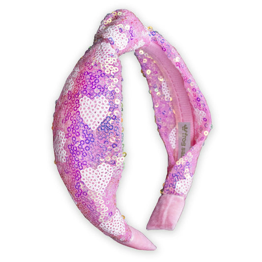 Frog Sac - Kids Knot Headband - Pink Sequin Heart Valentine's Day