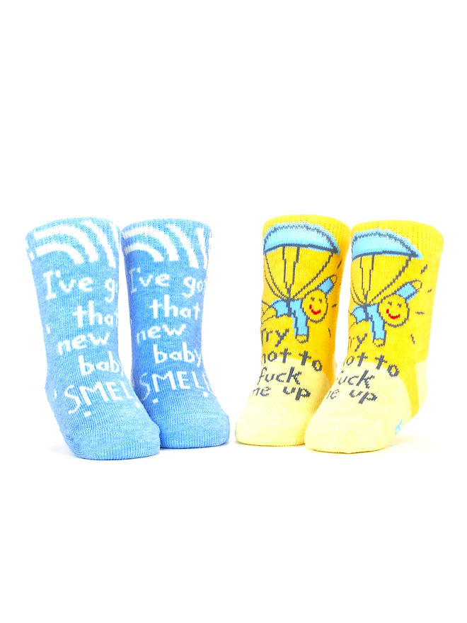 Blue Q - I've Got That New Baby Smell/ Try Not To Fuck Me Up Baby Socks (0-12M)
