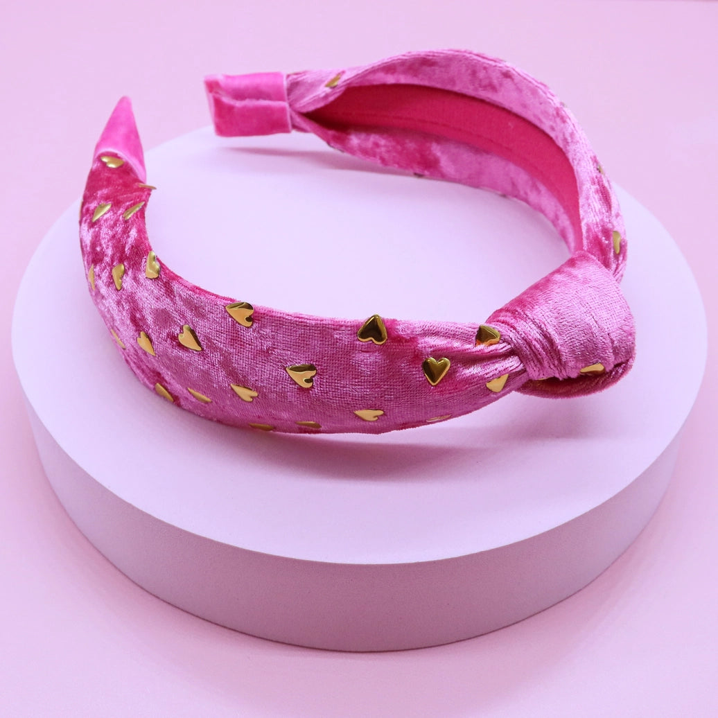 Frog Sac - Kids Knot Headband - Gold Heart Stud Velvet Hair Accessories