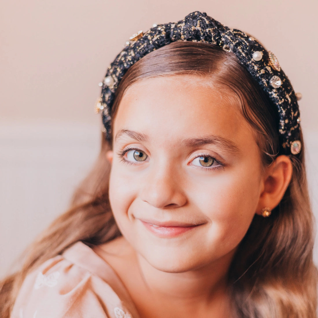 Frog Sac - Embellished Knot Headband - Tweed Rhinestone Pearl