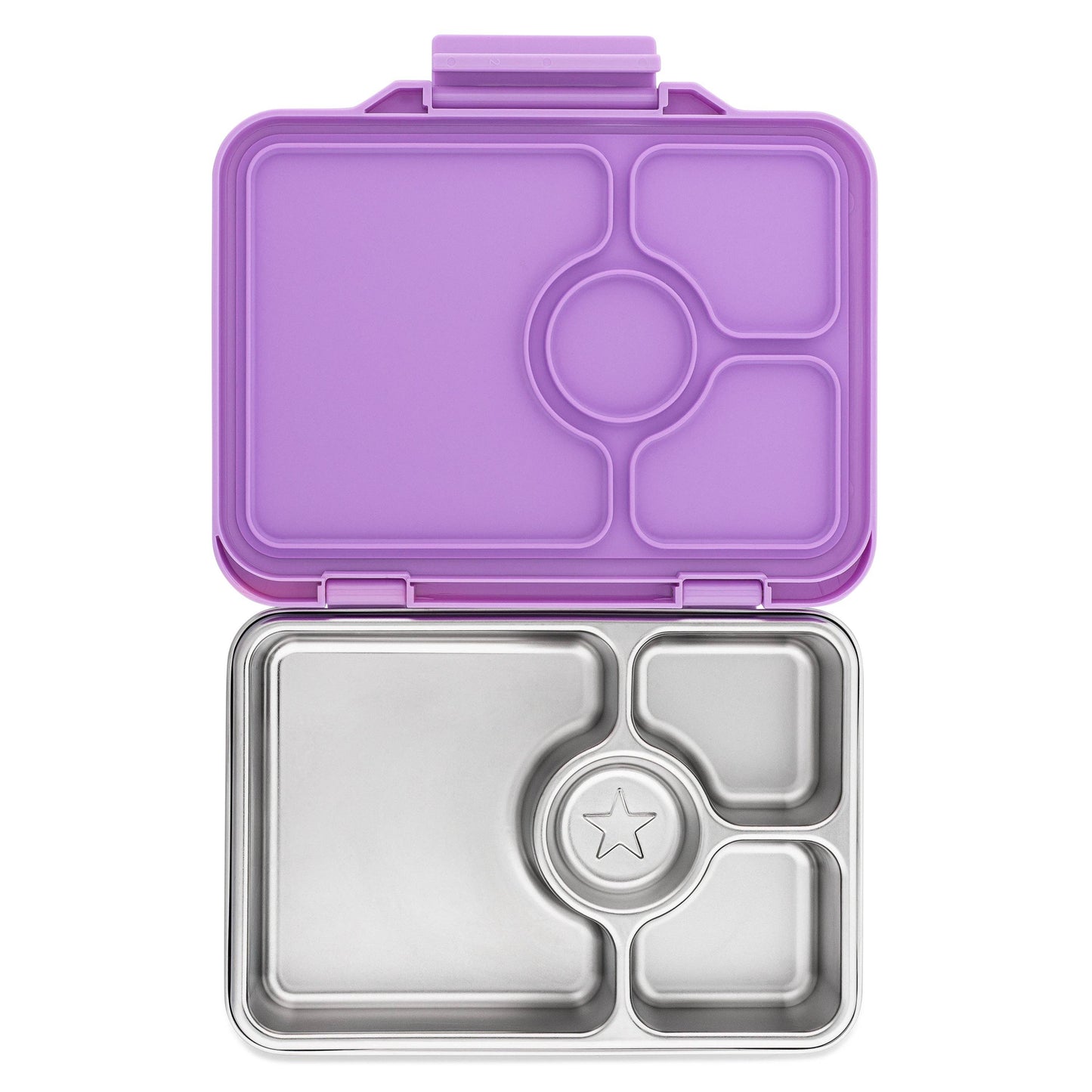 Back side of purple Yumbox lid with stainless steel body on a white background