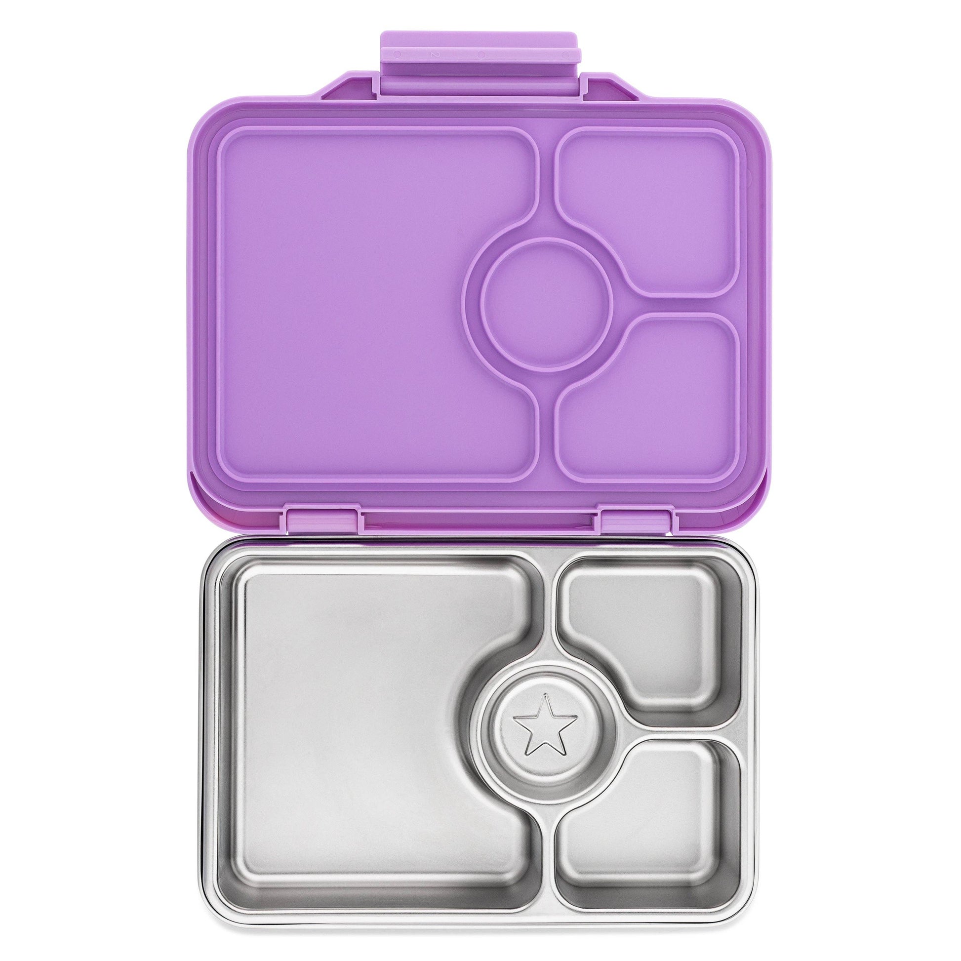 Back side of purple Yumbox lid with stainless steel body on a white background