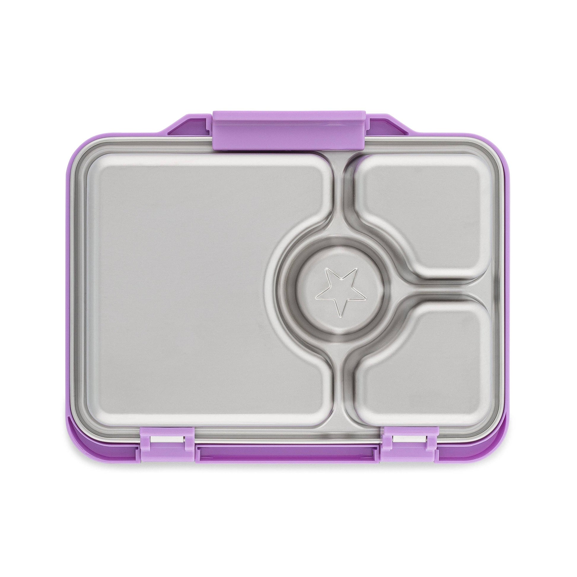 Back side of stainless steel Yumbox lunch box with purple lid on a white background