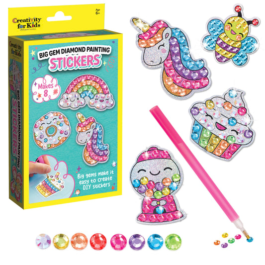 Big Gem Diamond Painting Stickers set with box, stickers, and a pencil on a white background