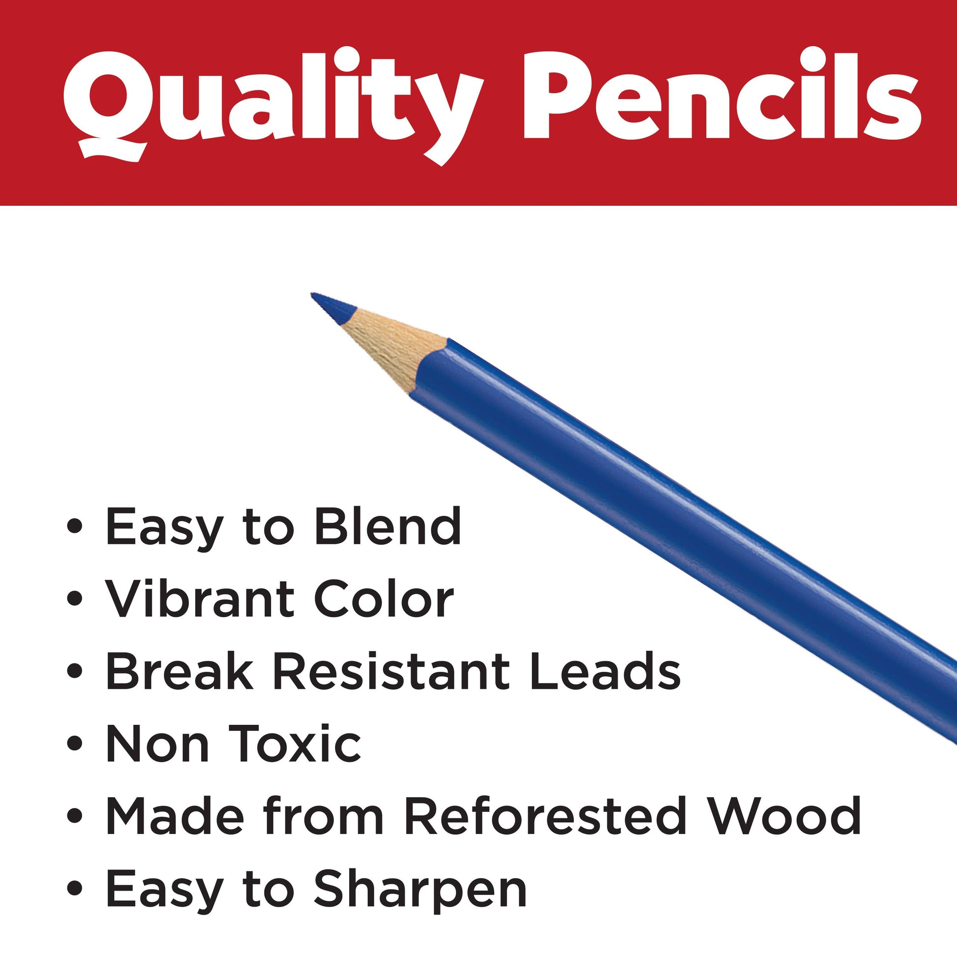 Blue pencil with quality features listed on a white background
