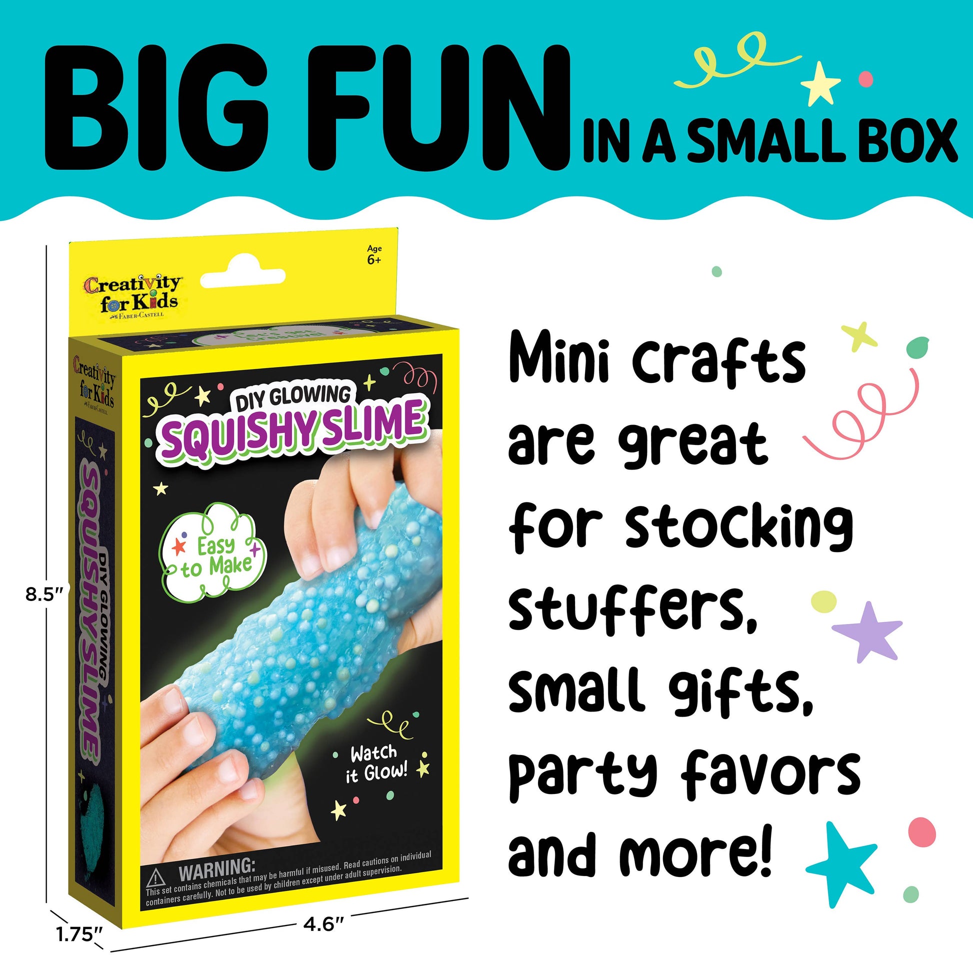 Box of DIY Glowing Squishy Slime with text about mini crafts being great for various uses.