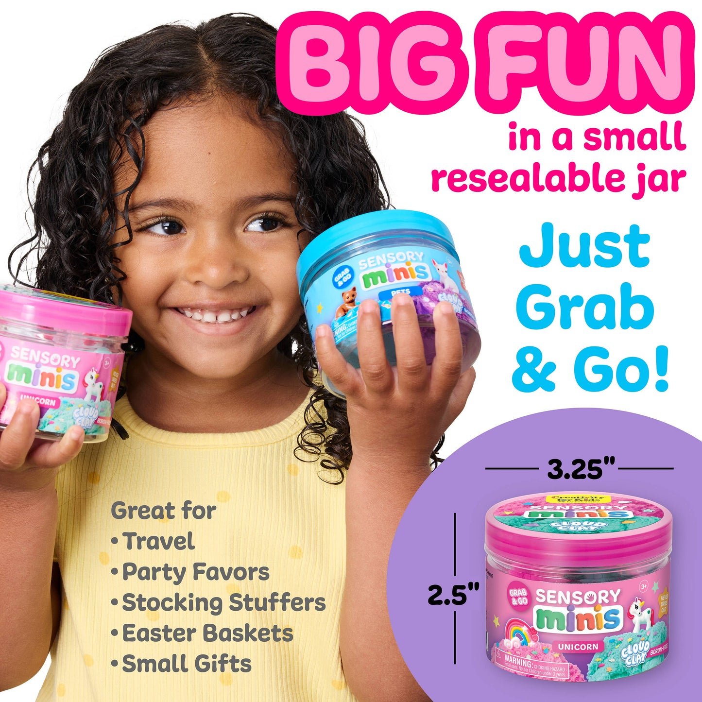 Child holding a container of Sensory Minis with product details and features.
