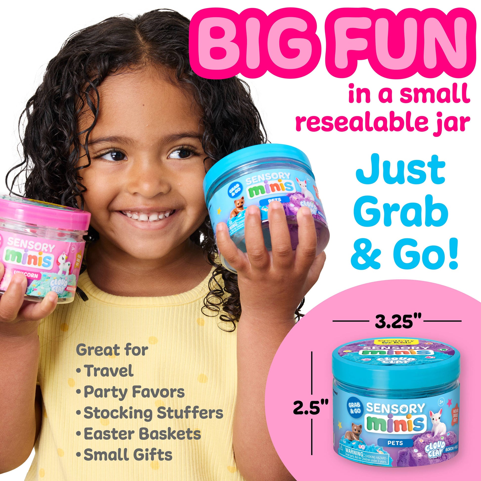 Child holding two sensory mini containers with product details and text on a white background