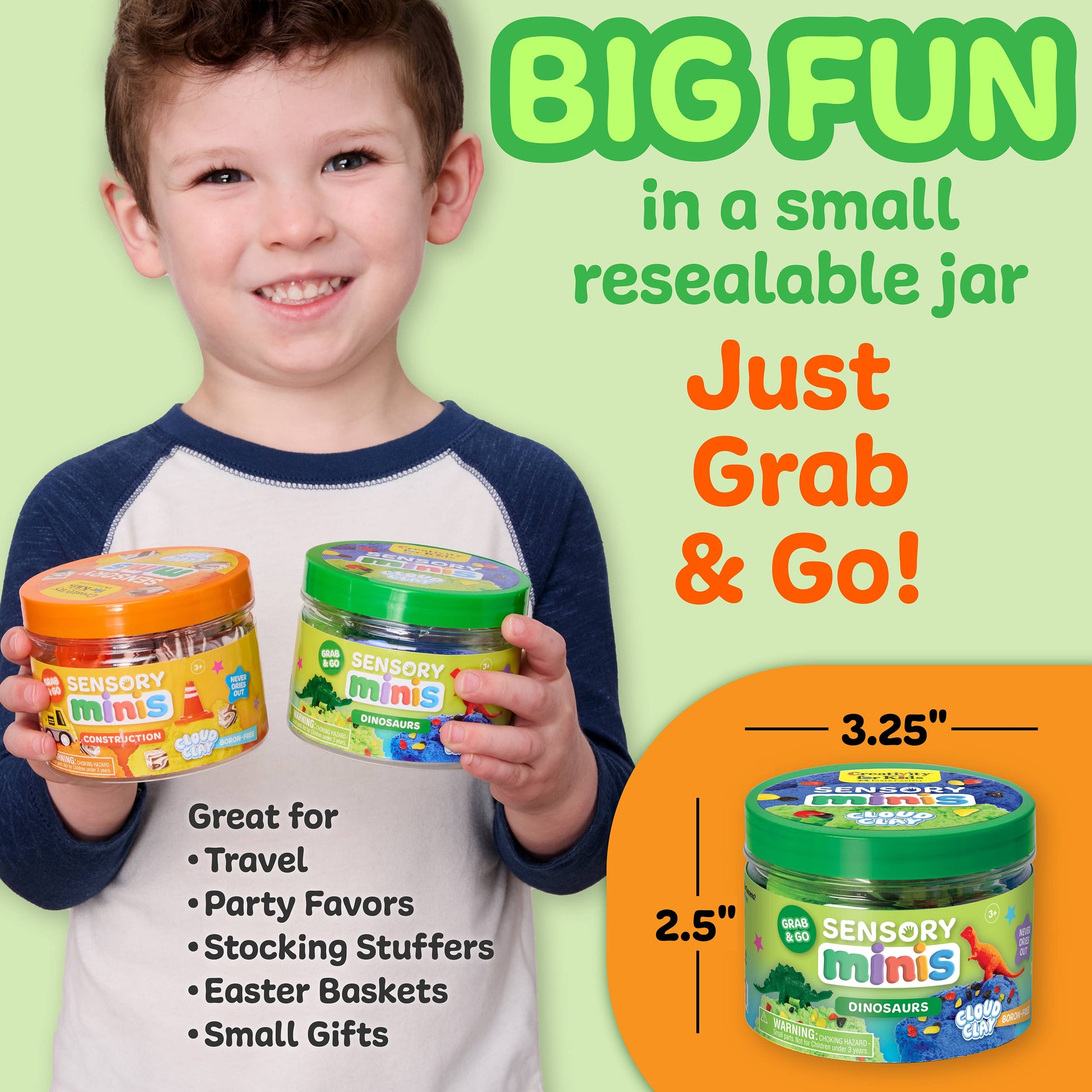 Child holding two sensory mini jars with promotional text on a green background