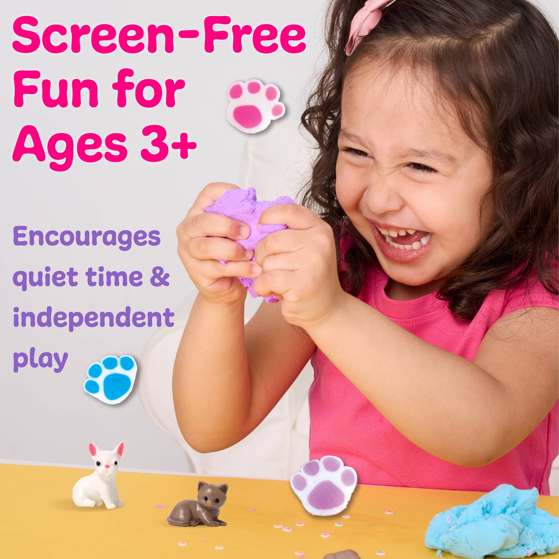 Child playing with a dough,  surrounded by text promoting screen-free fun for ages 3 and up.