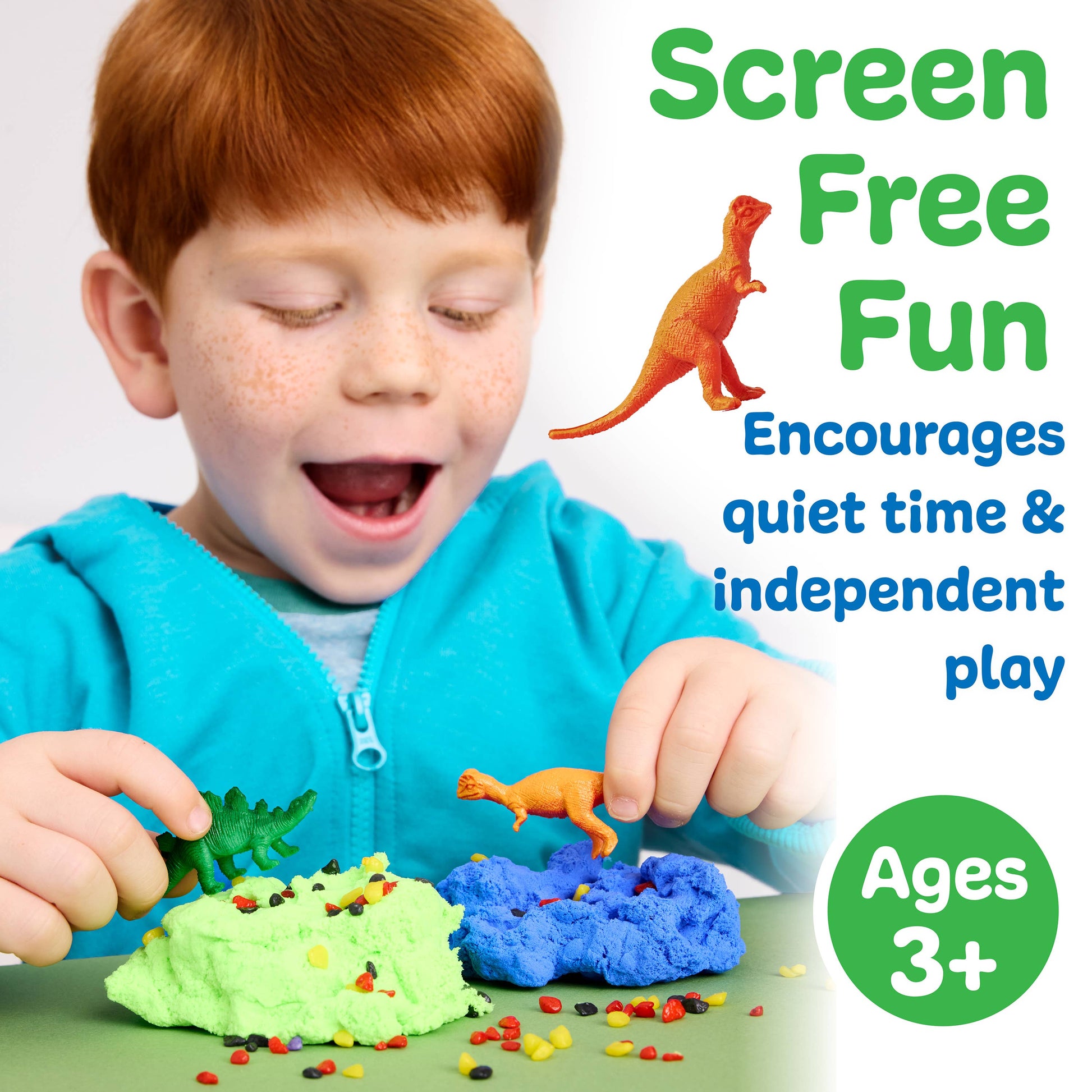 Child playing with colorful play dough and toy dinosaurs with text 'Screen Free Fun' and 'Ages 3+' on a white background.