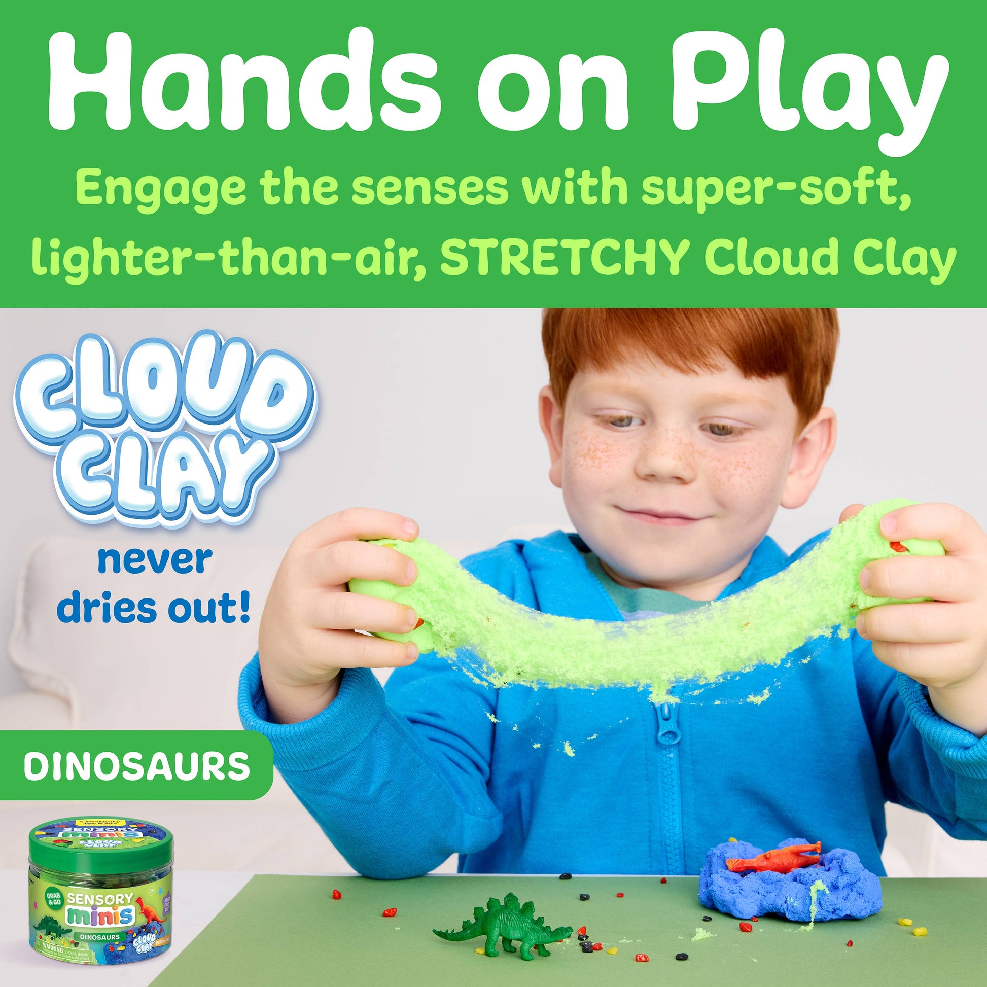 Child playing with green Cloud Clay, a super-soft, lighter-than-air product, with text about its properties and dinosaur theme.