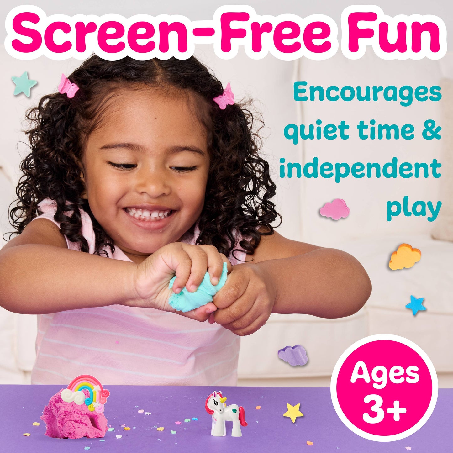 Child playing with play dough, surrounded by text promoting screen-free fun and independent play.