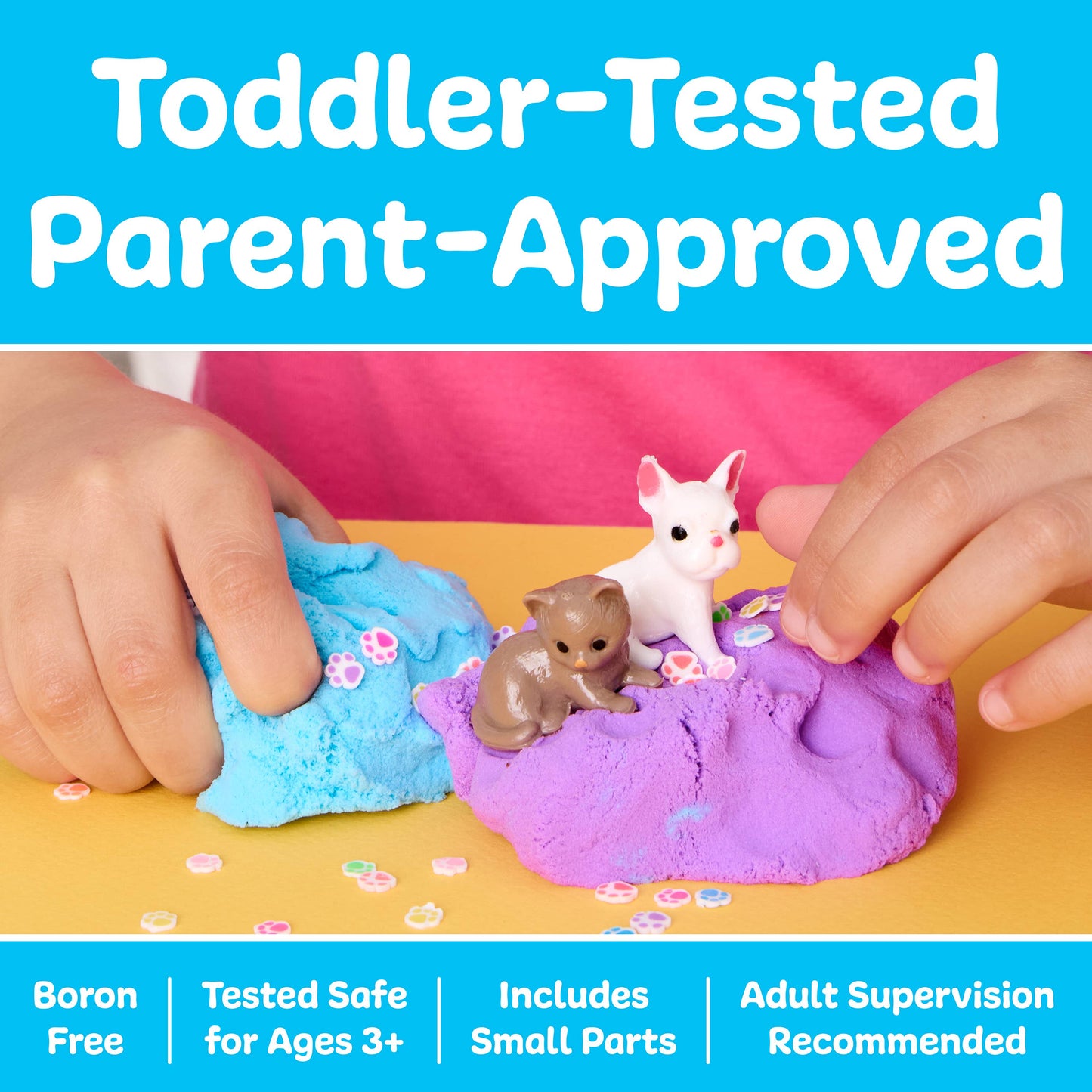 Children playing with colorful play dough and small figures on a yellow surface, with text indicating safety and approval.