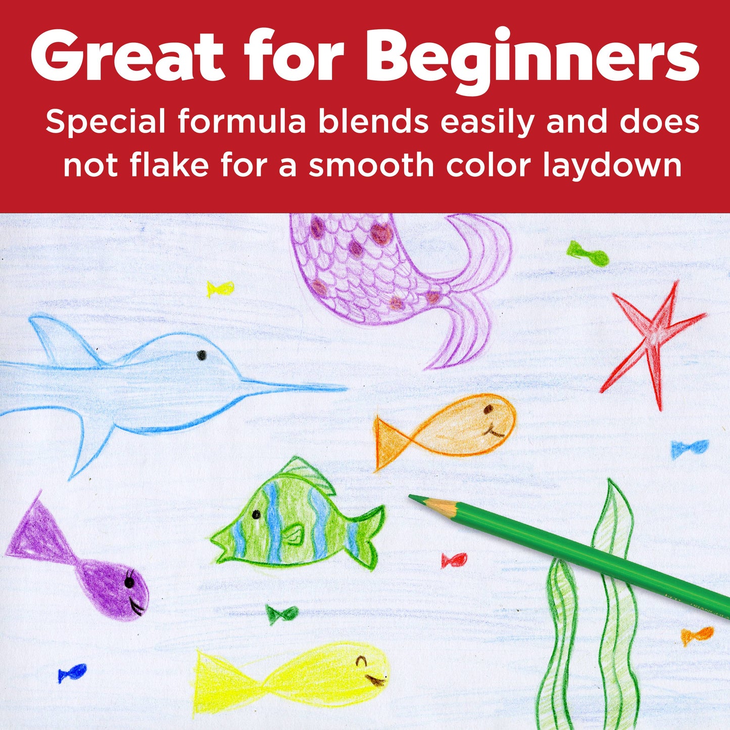 Colorful underwater drawings on paper with a green pencil, text about product benefits.