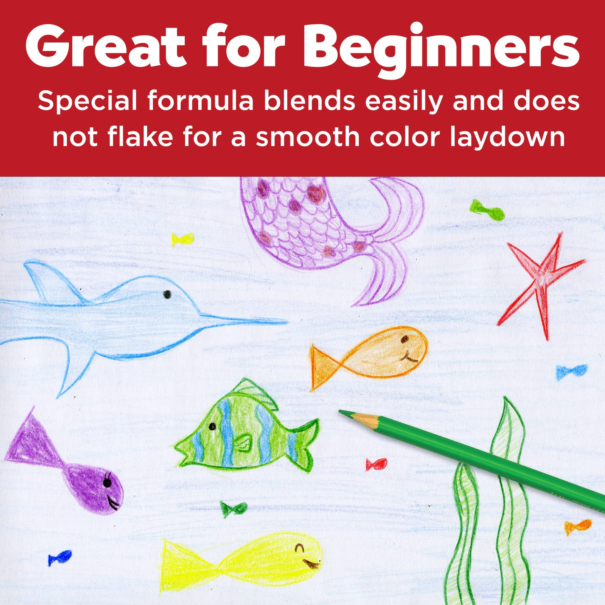 Colorful underwater drawings on paper with a green pencil, text about product benefits.