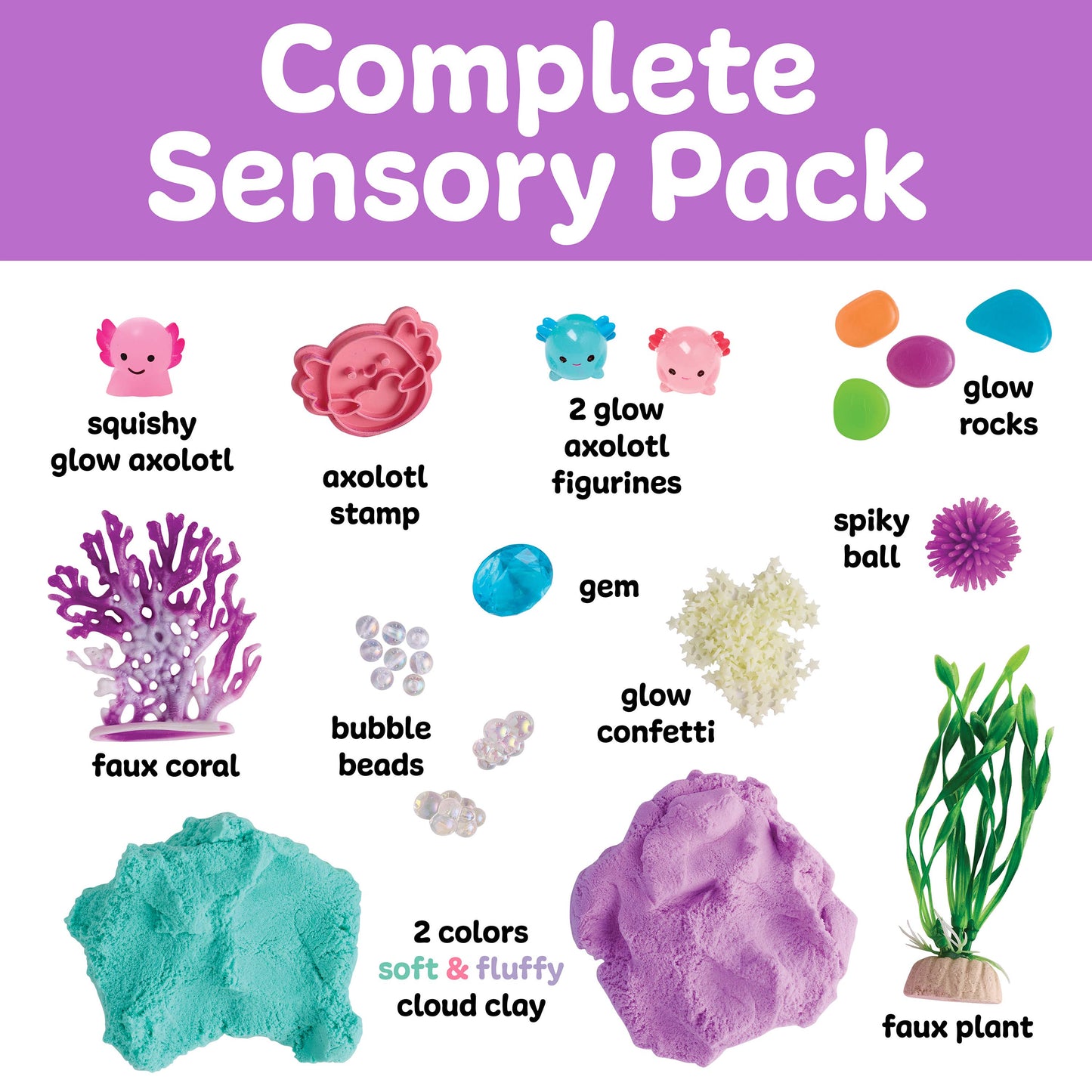 Complete sensory pack with various items on a purple background