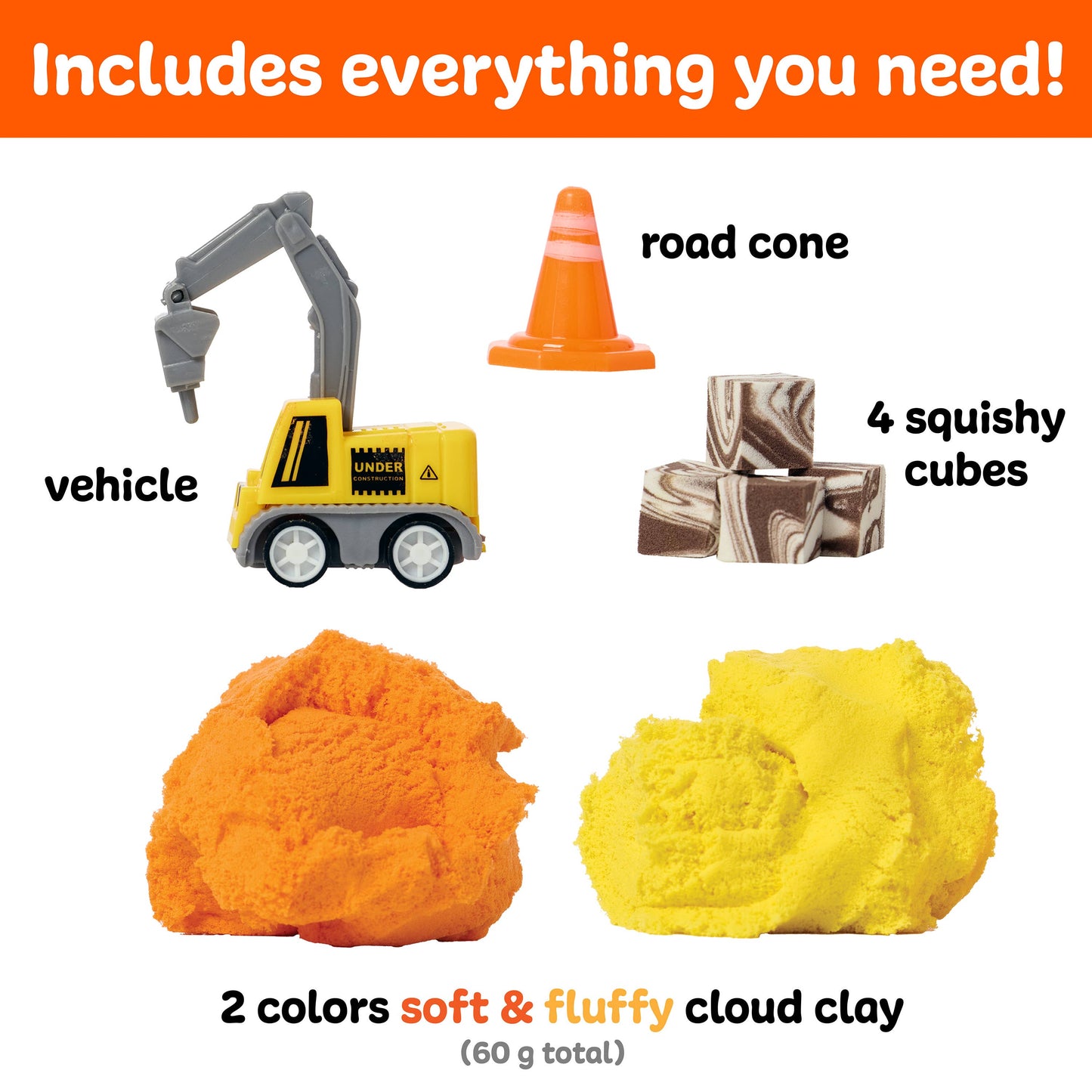 Construction-themed toy set with vehicle, road cone, squishy cubes, and cloud clay on a white background.