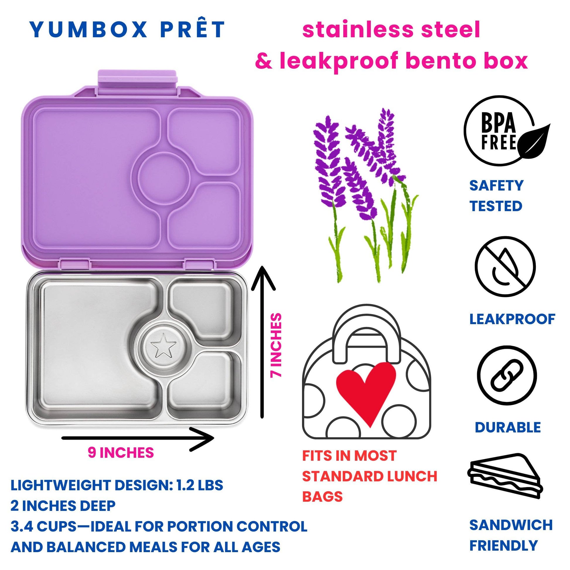 Description of Purple Yumbox lunch box with stainless steel body and leakproof lid