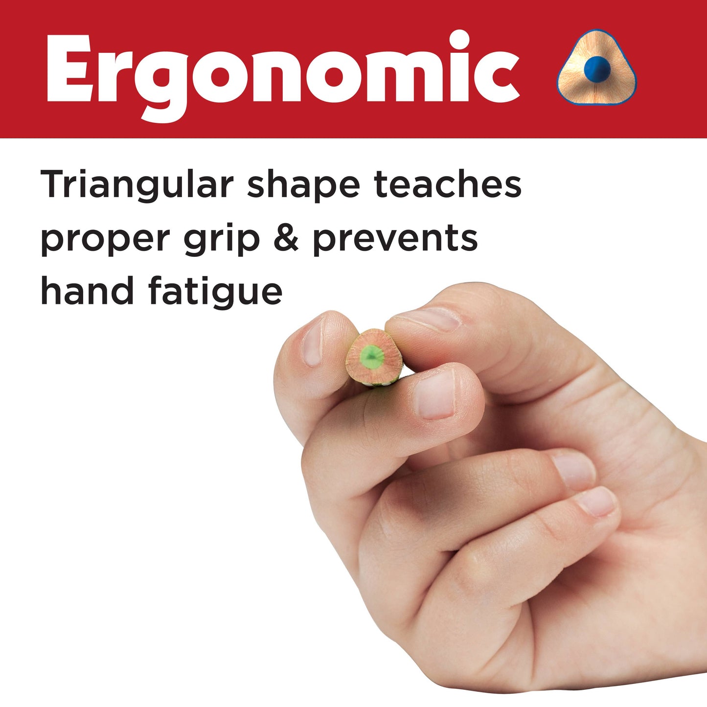 Ergonomic pencil with text on a white background