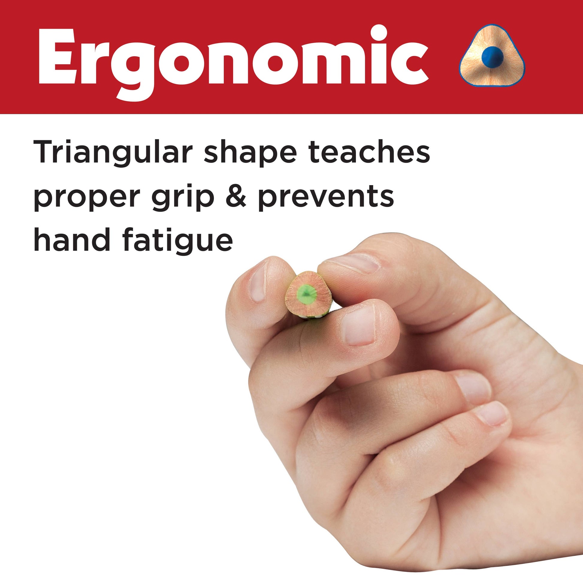 Ergonomic pencil with text on a white background