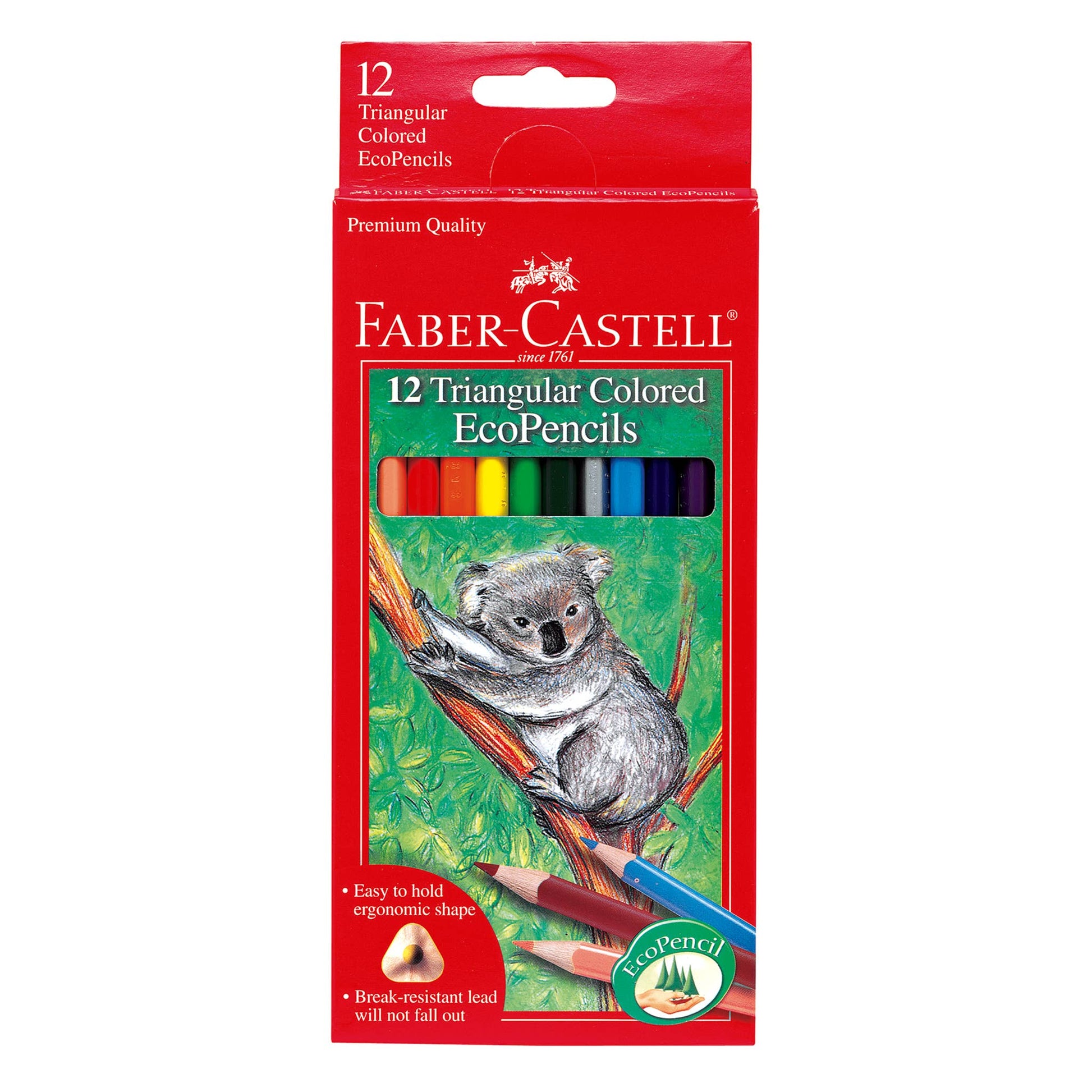 Faber-Castell 12 triangular colored eco pencils packaging with a koala illustration on a white background.