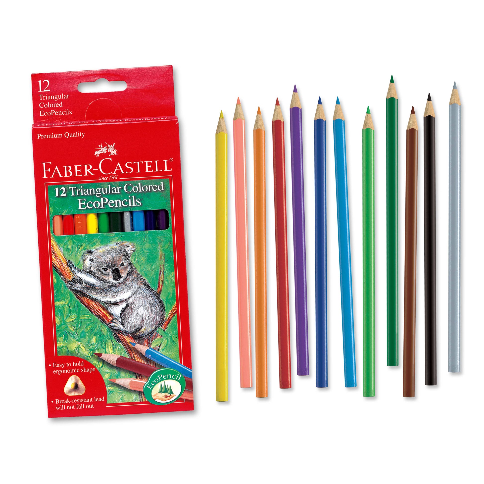 Faber-Castell triangular colored eco pencils with packaging on a white background