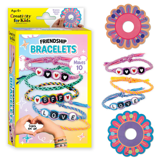 Friendship bracelet making kit with packaging and examples of bracelets on a white background