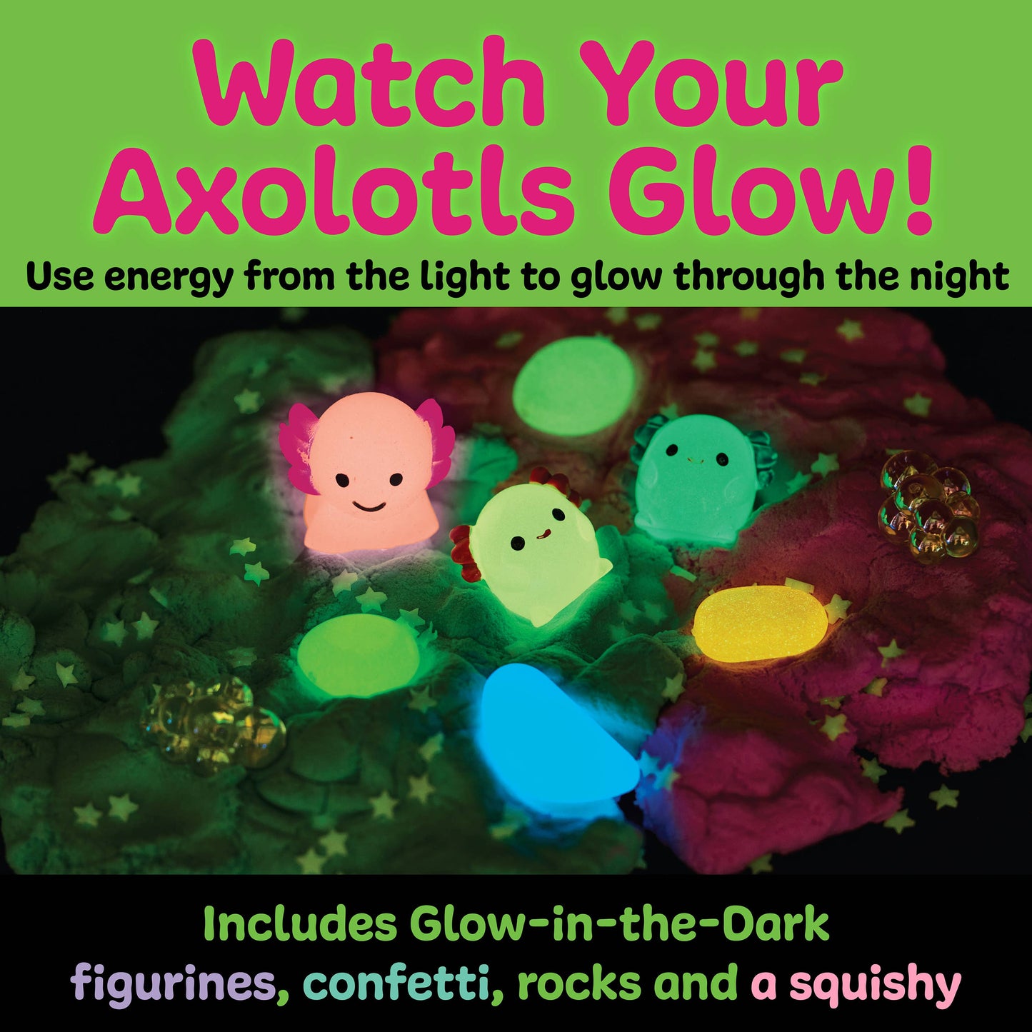 Glow-in-the-dark axolotl figurines with text on a green background