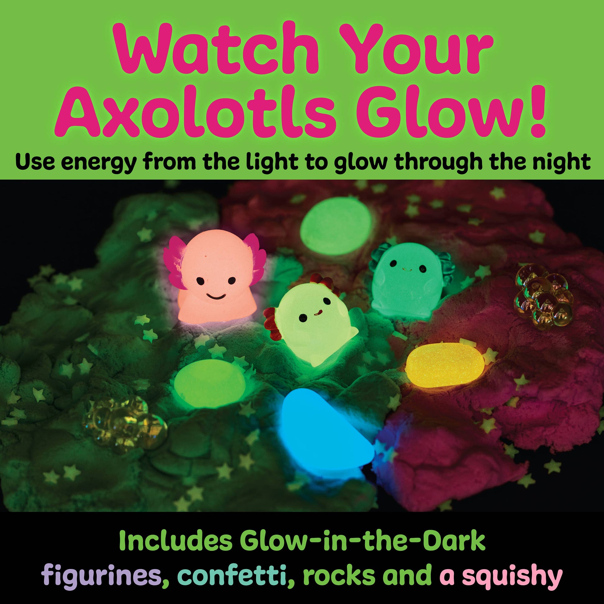 Glow-in-the-dark axolotl figurines with text on a green background