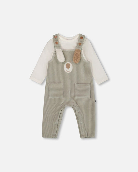 Deux par Deux - Onesie And Stretchy Corduroy Overalls Set Jade Green