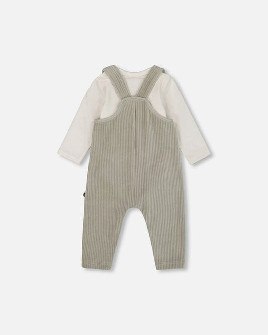 Deux par Deux - Onesie And Stretchy Corduroy Overalls Set Jade Green
