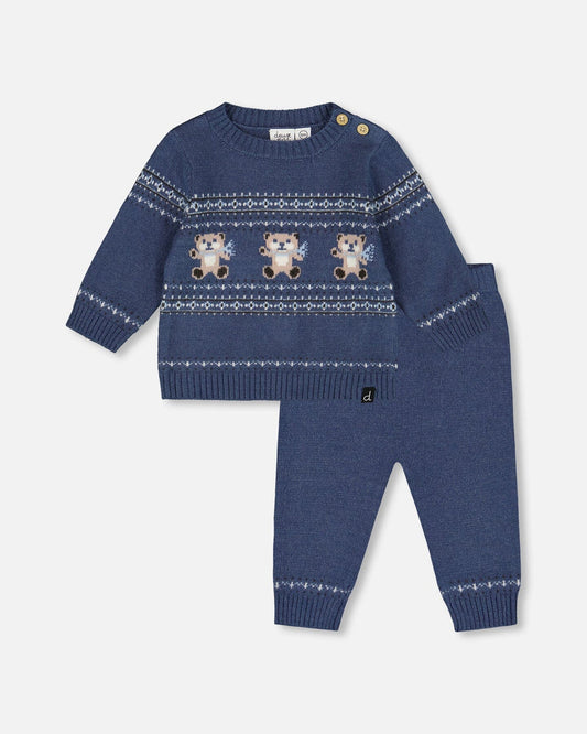 Deux Par Deux - Knitted Jacquard Sweater And Pant Set - Moonlight Blue