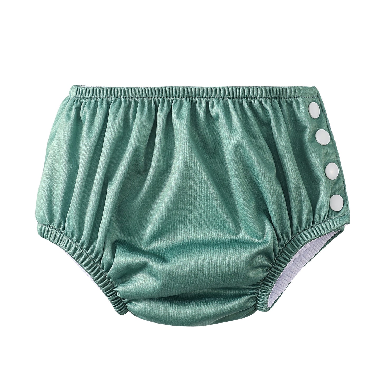 Green baby bloomers with button details on a white background