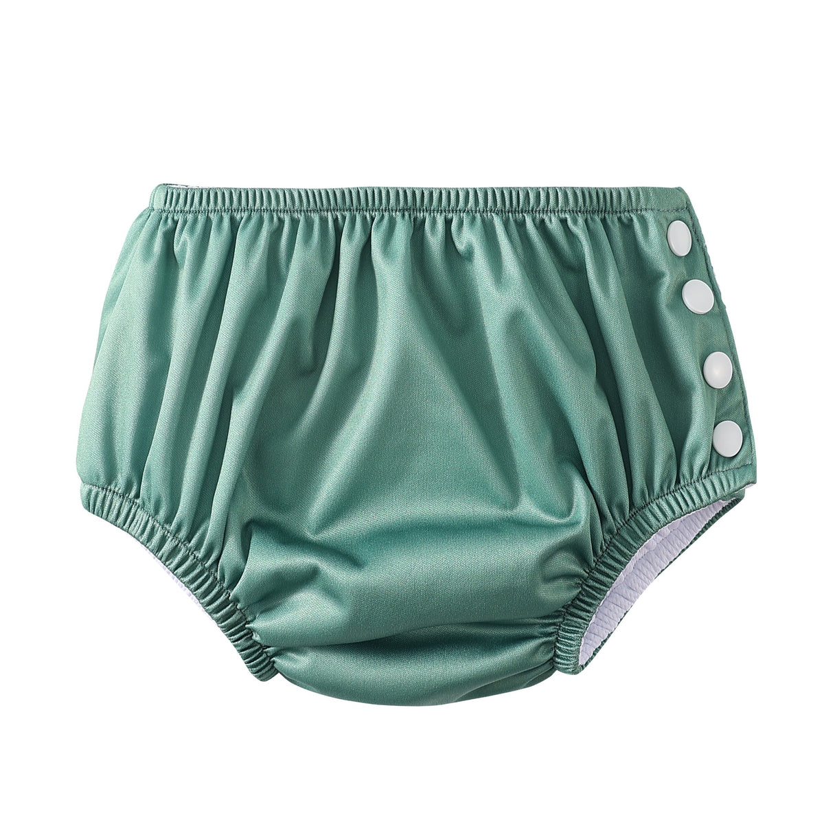 Green baby bloomers with button details on a white background