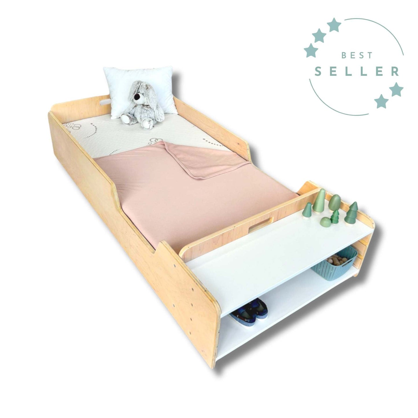 APPLE - Montessori Floor Bed with Rails & Shelves