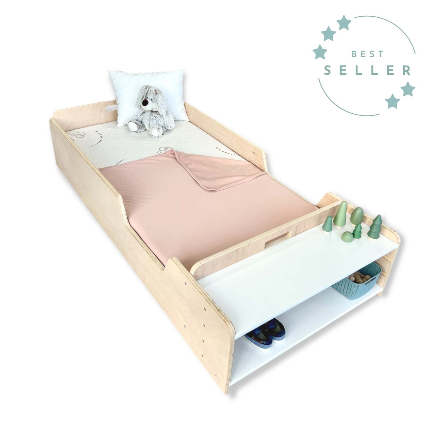 APPLE - Montessori Floor Bed with Rails & Shelves