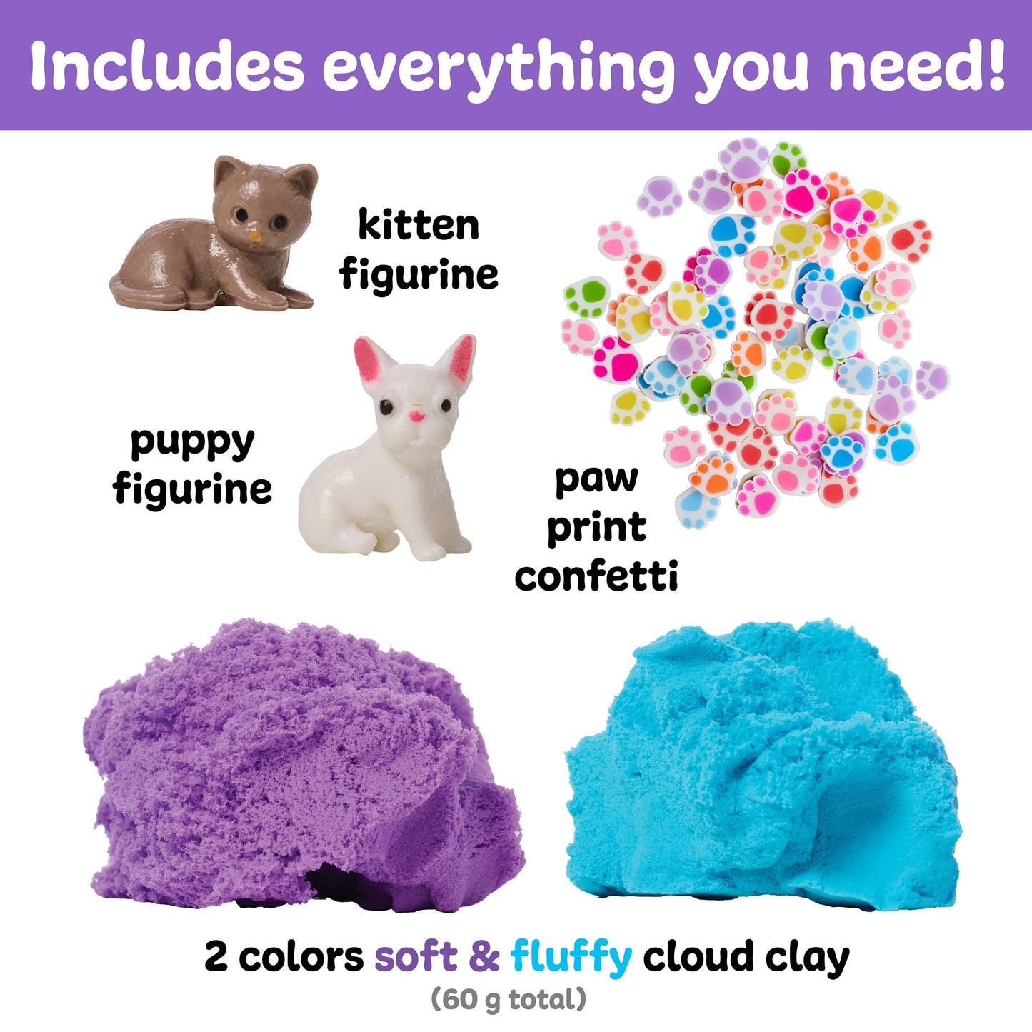 Product set with kitten and puppy figurines, paw print confetti, and two colors of soft & fluffy cloud clay on a white background.