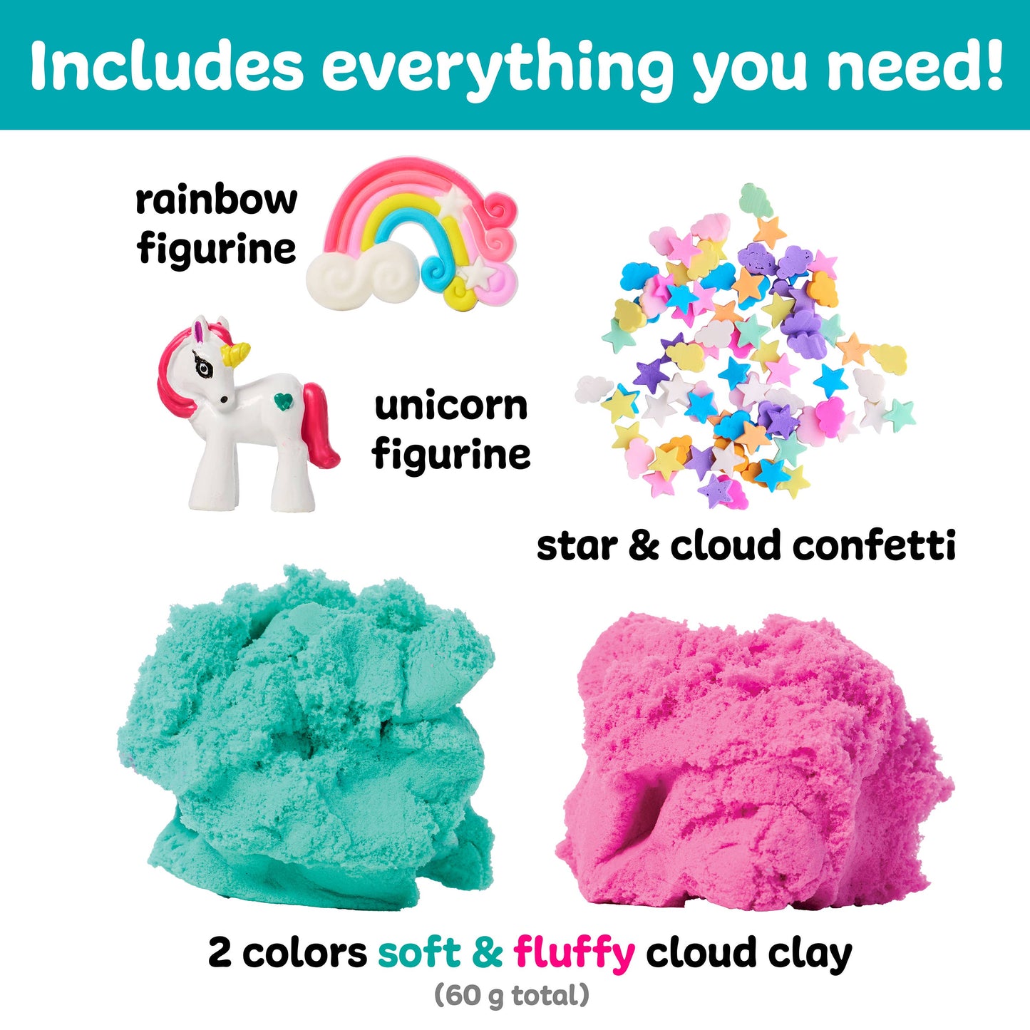 Product set with rainbow figurine, unicorn figurine, star & cloud confetti, and two colors of soft & fluffy cloud clay.