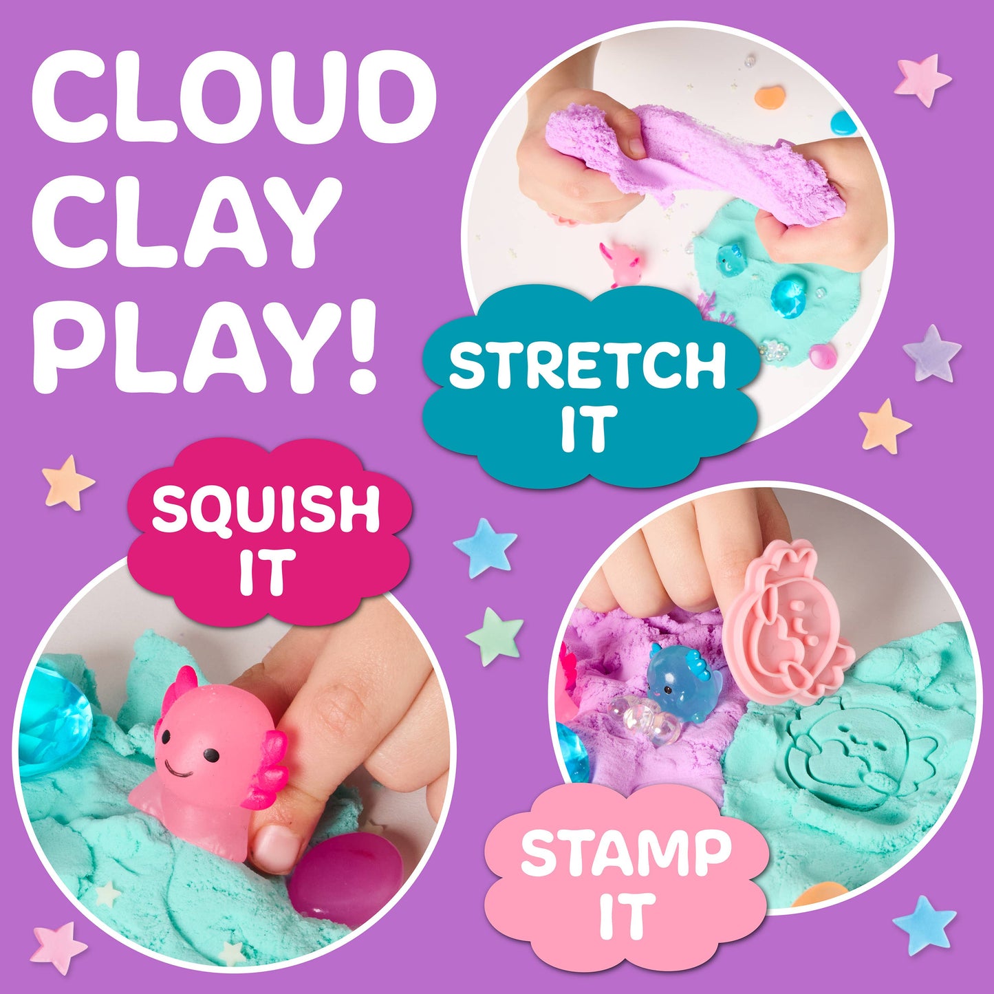 Promotional image for cloud clay play with text and images of hands interacting with colorful clay.