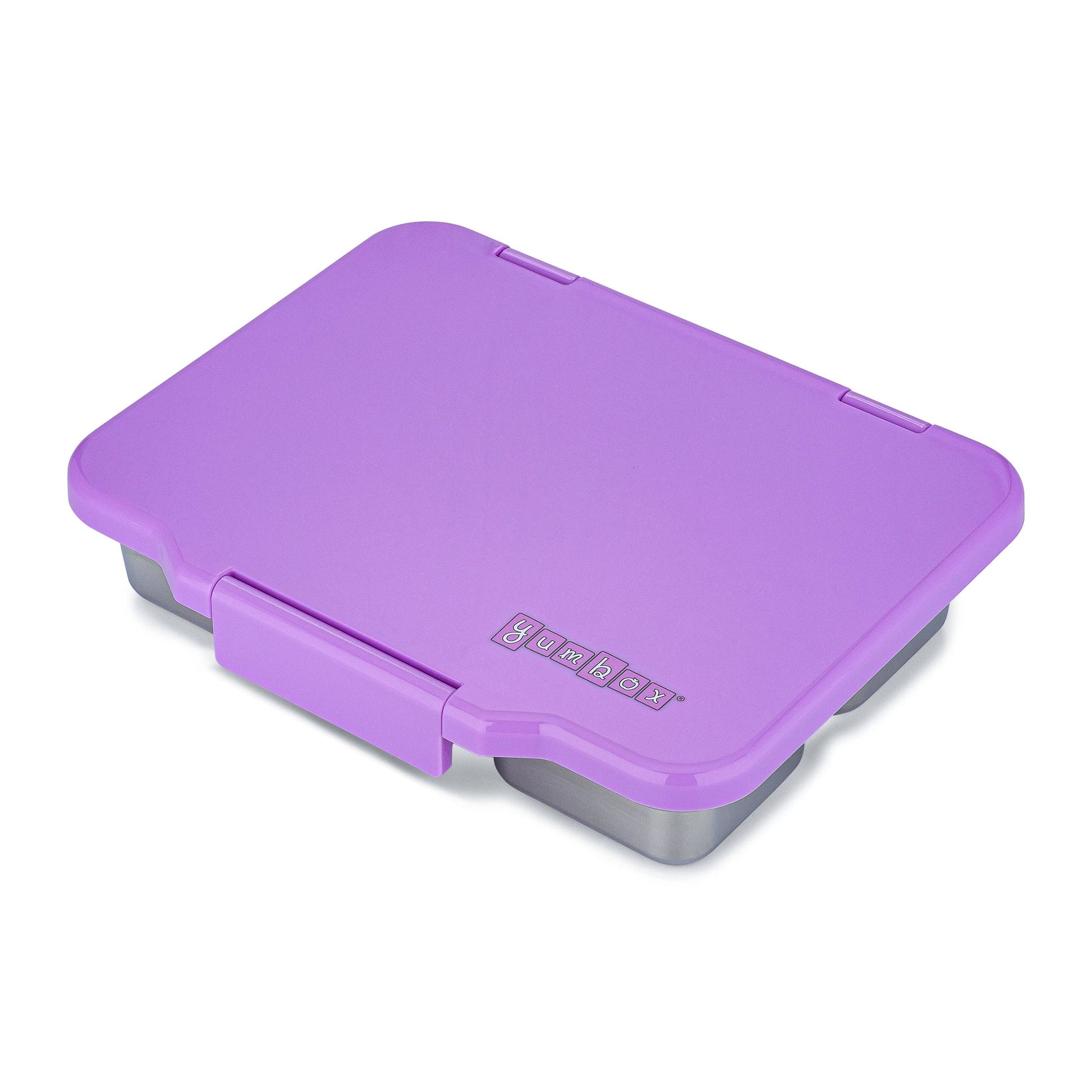 Purple lunch box with 'yumbox' branding on a white background