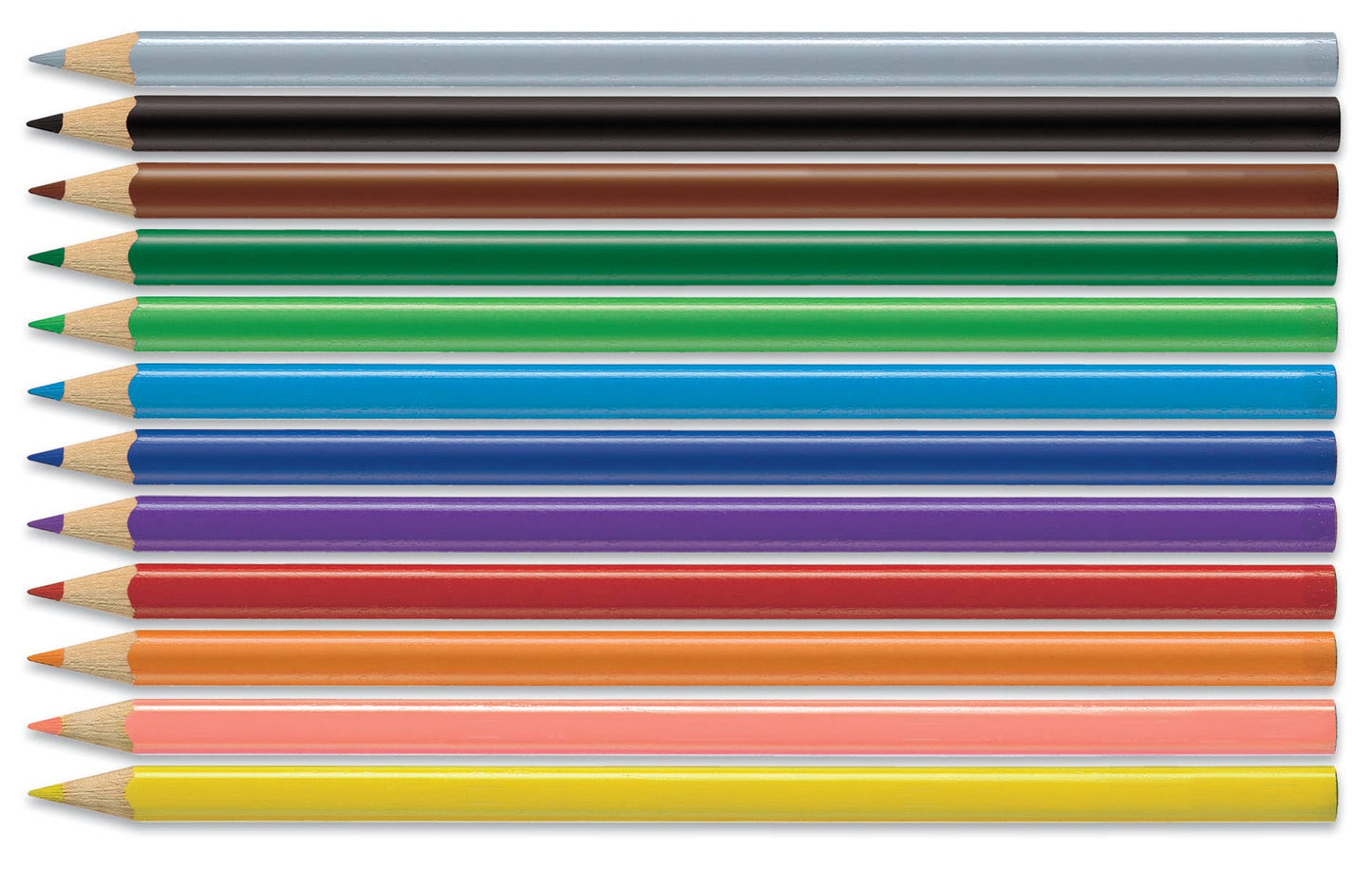Row of colored pencils in various colors on a white background