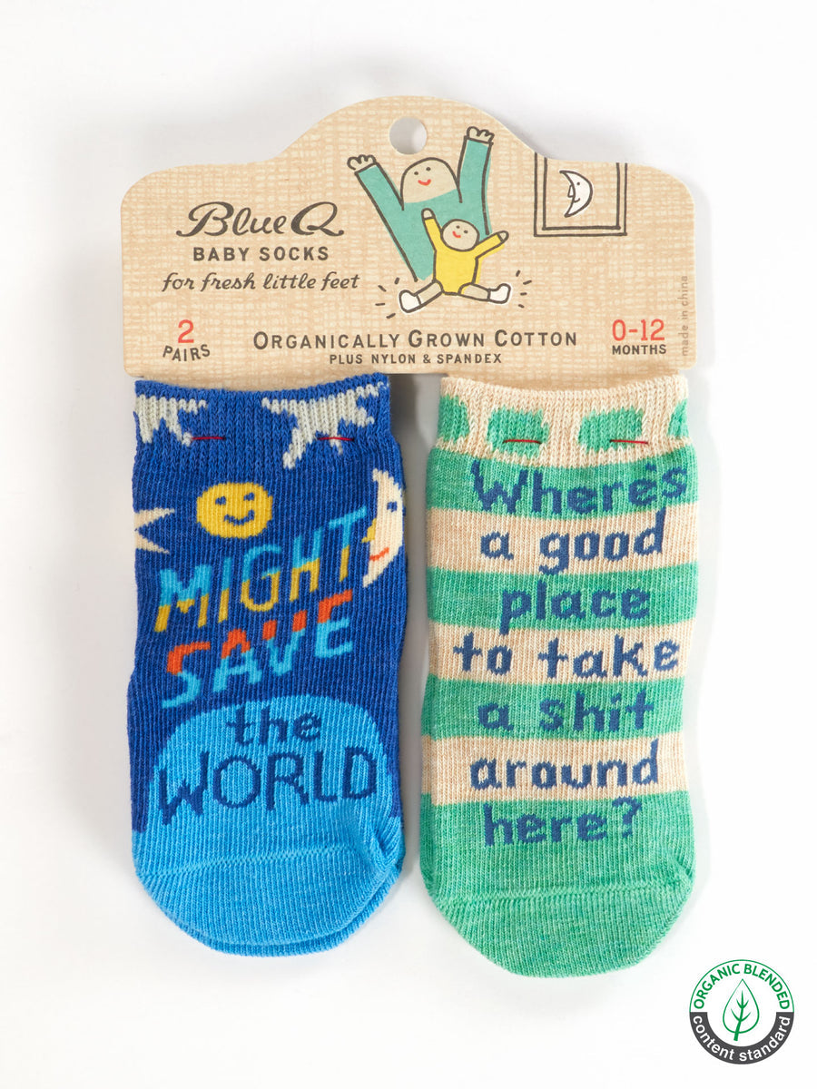 Blue Q - Might Save The World/ Where's A Good Place To Take A Sh*t Around Here? Baby Socks (0-12M)