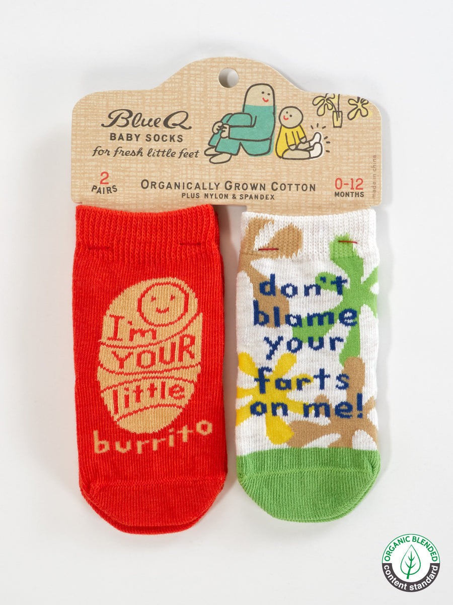 Blue Q - I'm Your Little Burrito/ Don't Blame Your Farts On Me Baby Socks (0-12M)
