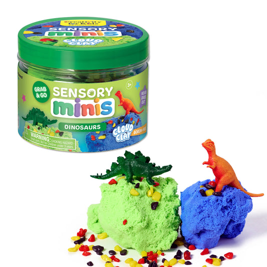 Sensory minis dinosaur play set with green and blue clay and colorful sprinkles on a white background