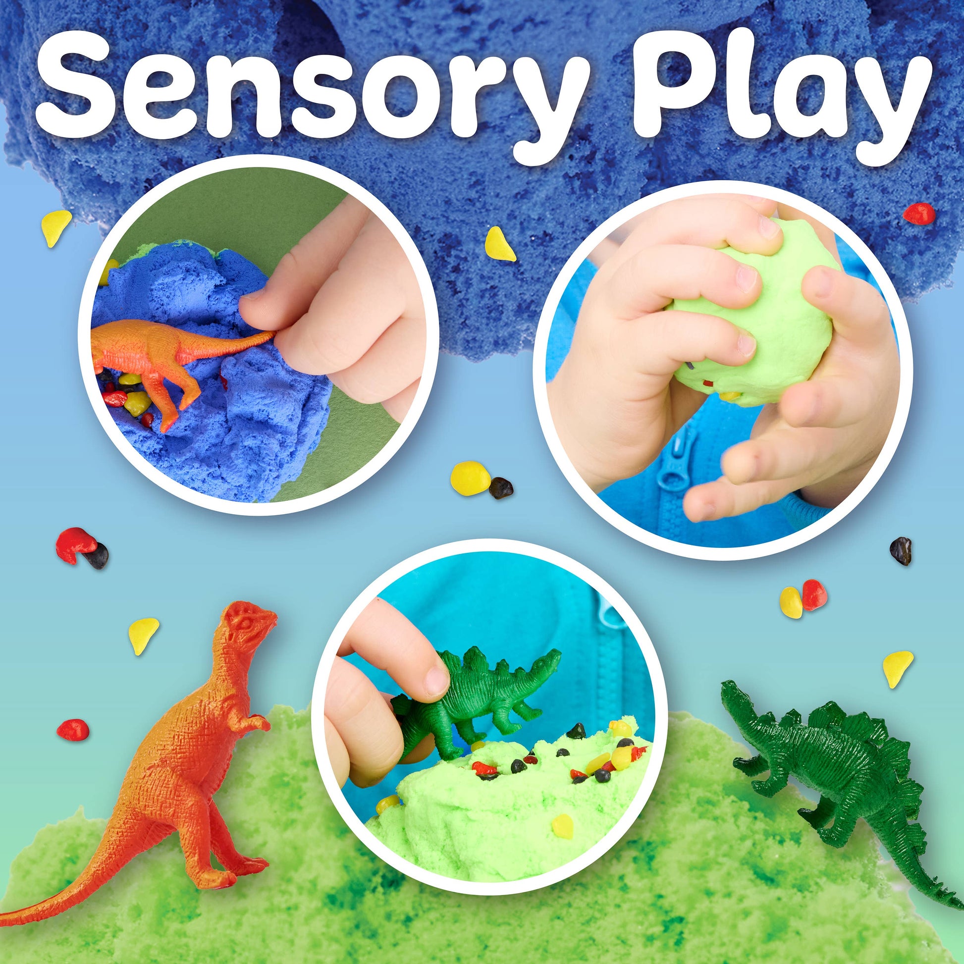 Sensory play activities with dinosaurs and colorful substances on a blue background.