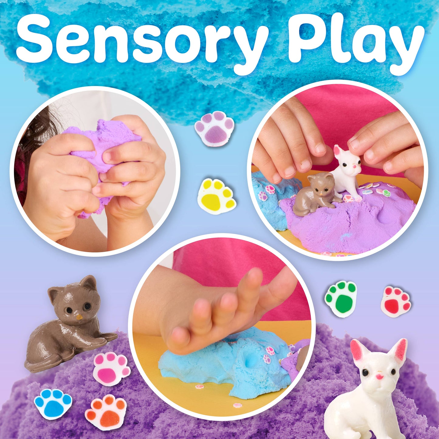 Sensory play activities with hands interacting with purple and blue doughs, animal figurines, and paw prints on a blue and purple gradient background.
