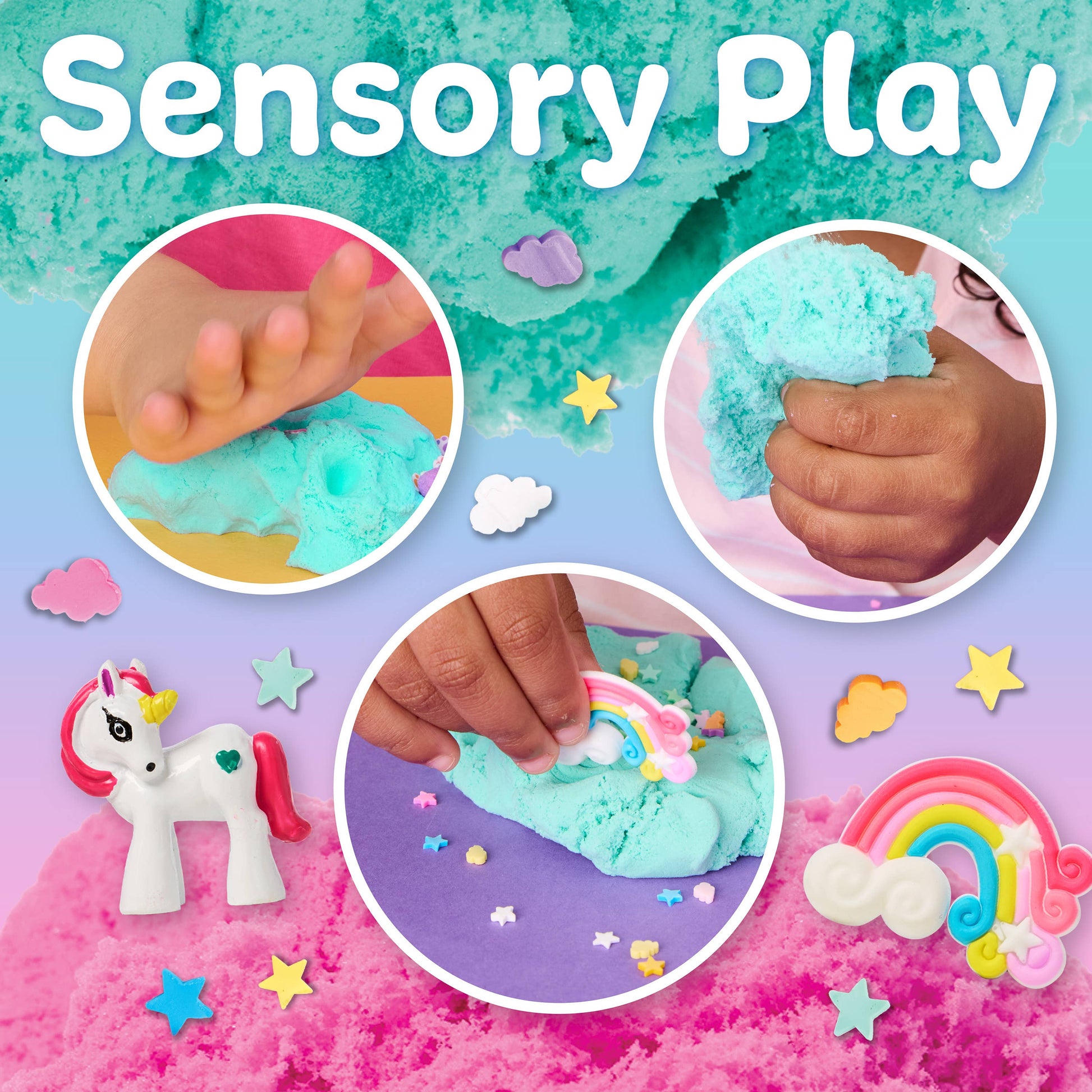 Sensory play activity with blue and pink materials, unicorn figurine, and rainbow elements on a colorful background.