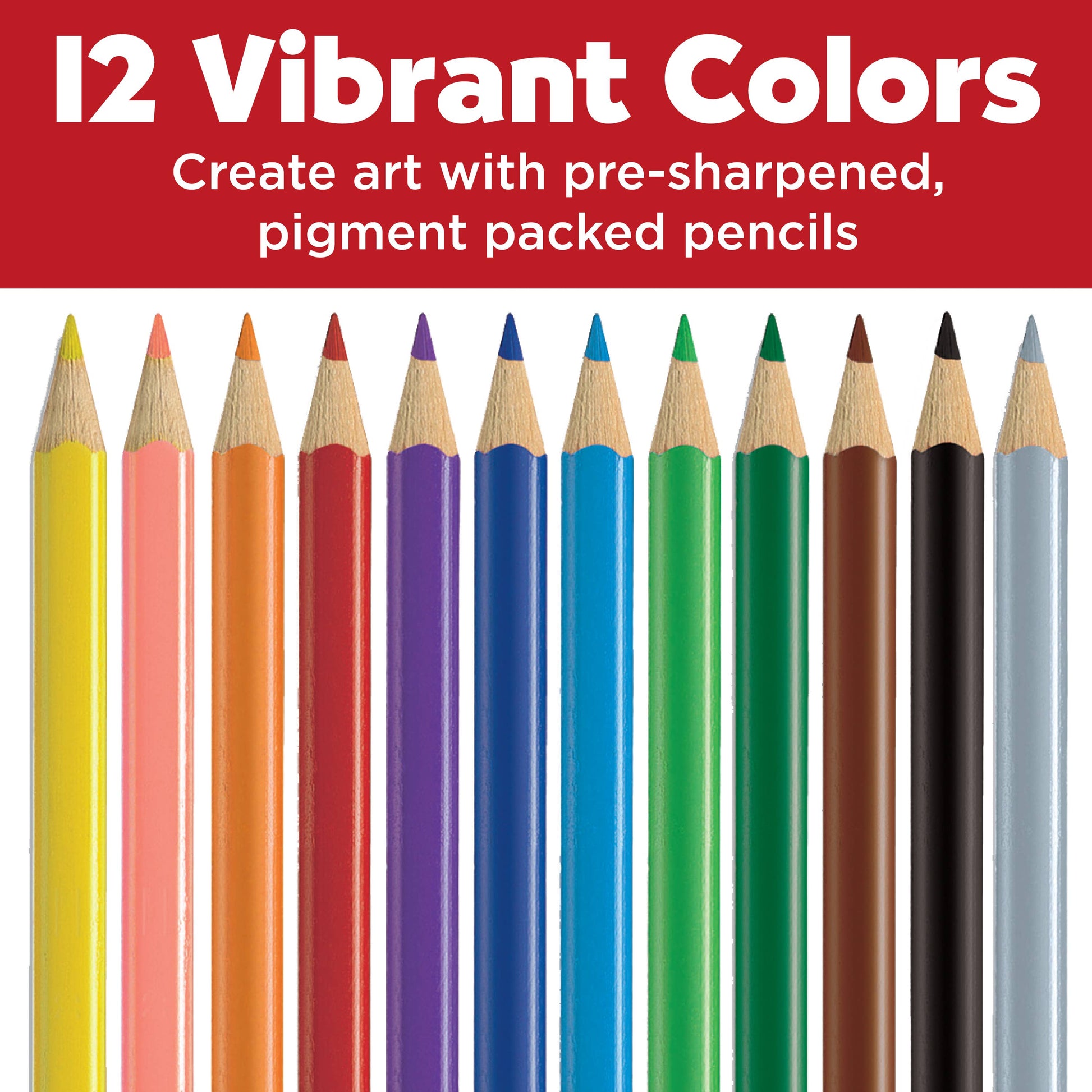 Set of 12 colored pencils in various vibrant colors on a red background with text.